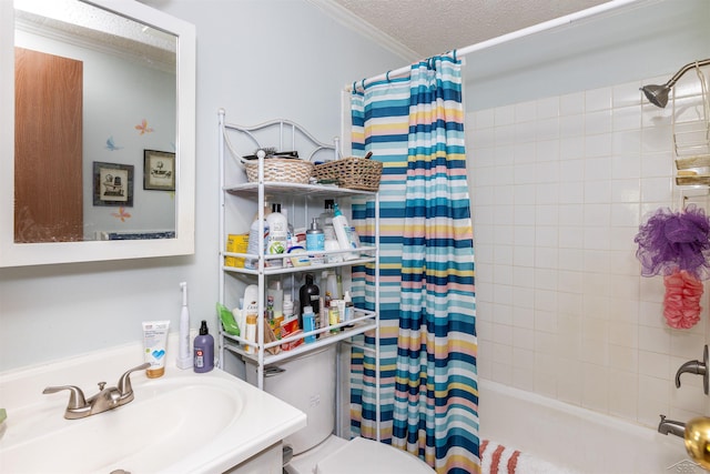 5665 N Sturgeon Rd, Midland, MI 48624 - bathroom with ornamental molding, shower / bath combination with curtain, toilet, vanity, and a textured ceiling