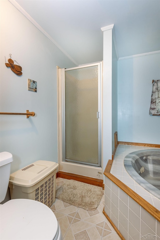 5665 N Sturgeon Rd, Midland, MI 48624 - bathroom with toilet, crown molding, a stall shower, a bath, and tile patterned floors