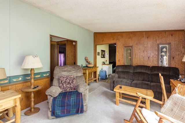 5665 N Sturgeon Rd, Midland, MI 48624 - carpeted living room featuring a textured ceiling and wood walls