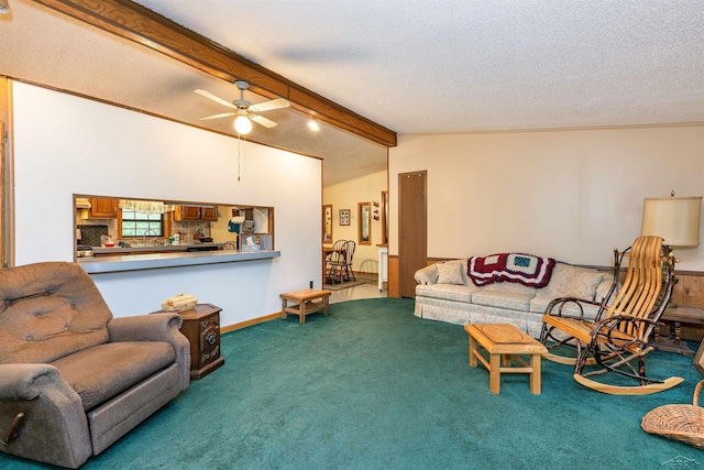 5665 N Sturgeon Rd, Midland, MI 48624 - living area with carpet flooring, a ceiling fan, and a textured ceiling