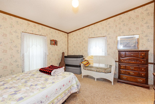 5665 N Sturgeon Rd, Midland, MI 48624 - bedroom featuring vaulted ceiling, crown molding, light carpet, and wallpapered walls