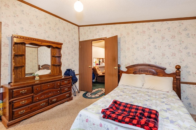 5665 N Sturgeon Rd, Midland, MI 48624 - carpeted bedroom with crown molding, a textured ceiling, and wallpapered walls