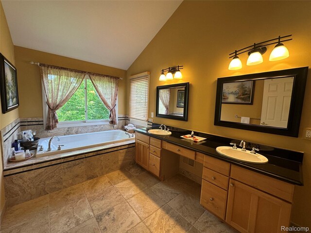 6601PEMBRIDGEHILL Pembridge Hl, West Bloomfield, MI 48322 - full bath with double vanity, a bath, high vaulted ceiling, and stone finish floors
