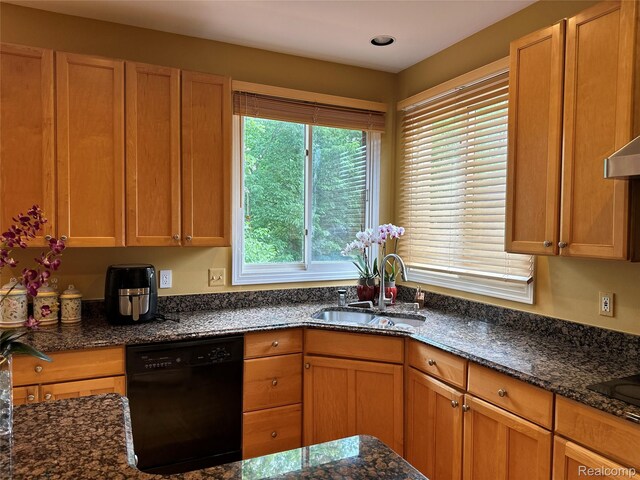 6601PEMBRIDGEHILL Pembridge Hl, West Bloomfield, MI 48322 - kitchen featuring dishwasher, a sink, dark stone countertops, and brown cabinetry