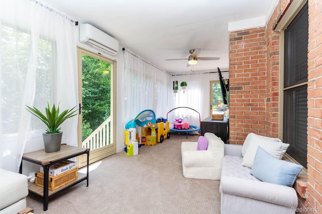 62874 Walker Ct Unit 17, Washington, MI 48094 - sunroom featuring a wall unit AC, ceiling fan, carpet floors, and brick wall