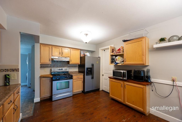 186 N Elm St, Sparta, MI 49345 - kitchen featuring appliances with stainless steel finishes, open shelves, under cabinet range hood, and backsplash