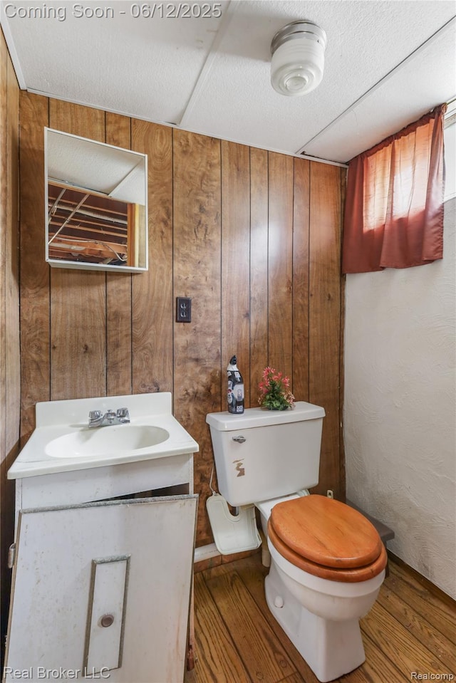 3809 Whittier Ave, Flint, MI 48506 - half bathroom featuring toilet, wooden walls, vanity, and wood finished floors