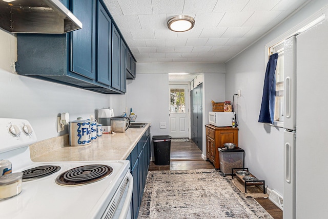 59 Wright St, Coldwater, MI 49036 - kitchen with white appliances, ventilation hood, blue cabinets, light countertops, and wood finished floors