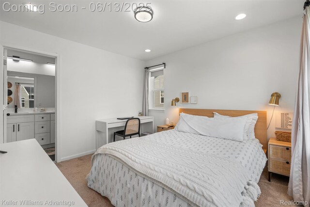 3947 Trailwaycommons Cir, Auburn Hills, MI 48326 - bedroom with light colored carpet, recessed lighting, and ensuite bathroom