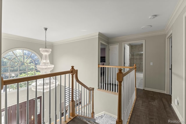 4991 Knollcrest Ct, Commerce Twp, MI 48382 - hall with an upstairs landing, wood finished floors, a chandelier, and ornamental molding