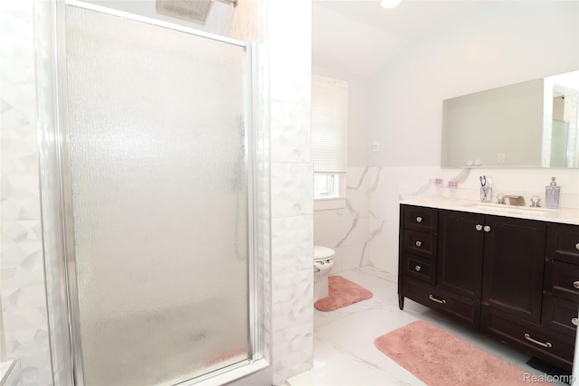 7524 Williamson St, Dearborn, MI 48126 - bathroom with a stall shower, vanity, vaulted ceiling, marble finish flooring, and tile walls