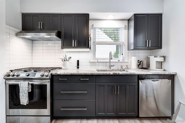 23069 Violet St, Farmington, MI 48336 - kitchen with appliances with stainless steel finishes, under cabinet range hood, light stone countertops, and decorative backsplash