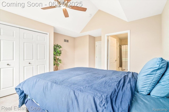 43543 Abbey Cir, Canton, MI 48187 - carpeted bedroom featuring lofted ceiling, a closet, a ceiling fan, and ensuite bathroom