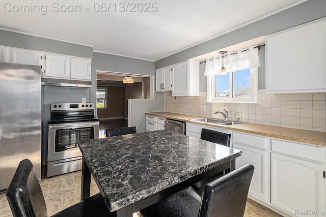 17325 Doris, Fraser, MI 48026 - kitchen featuring stainless steel appliances, under cabinet range hood, white cabinetry, backsplash, and ornamental molding
