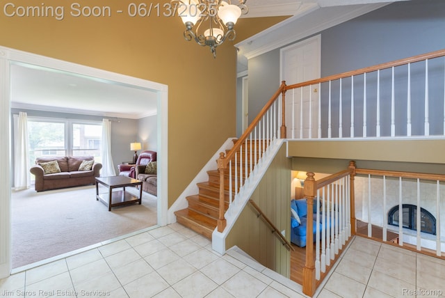 47425 Barbara Rd, Macomb, MI 48044 - stairway featuring crown molding, carpet floors, a chandelier, and tile patterned floors