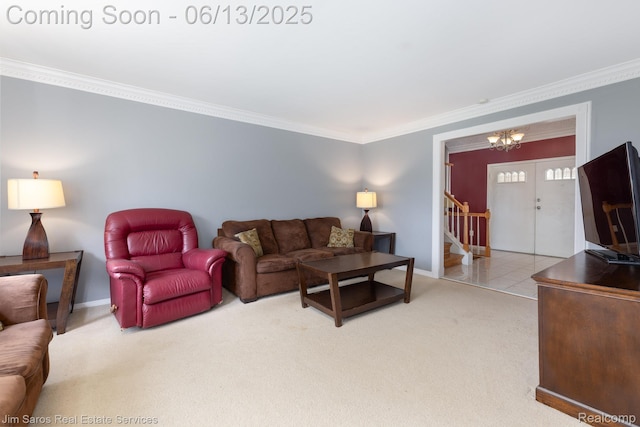47425 Barbara Rd, Macomb, MI 48044 - living room with crown molding, carpet floors, stairway, baseboards, and a chandelier
