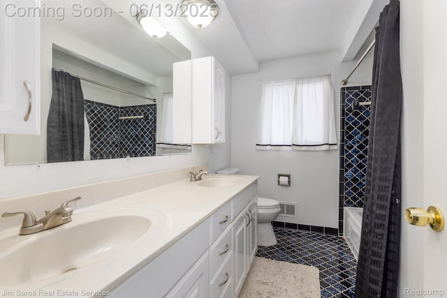 47425 Barbara Rd, Macomb, MI 48044 - full bathroom with toilet, double vanity, shower / bath combination with curtain, and tile patterned floors