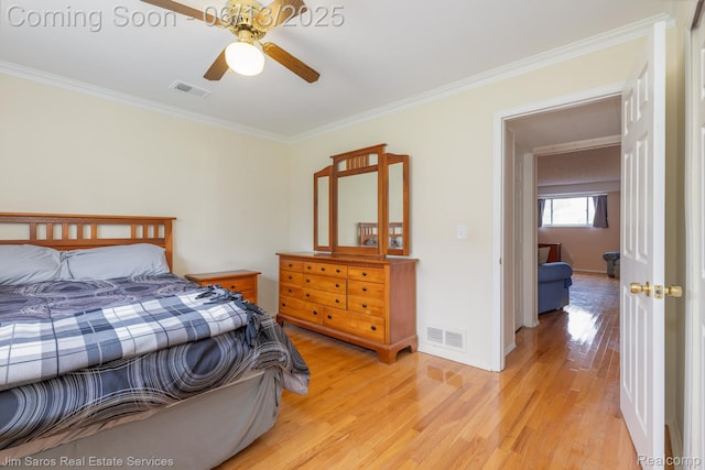 47425 Barbara Rd, Macomb, MI 48044 - bedroom with light wood-style floors, ornamental molding, baseboards, and a ceiling fan