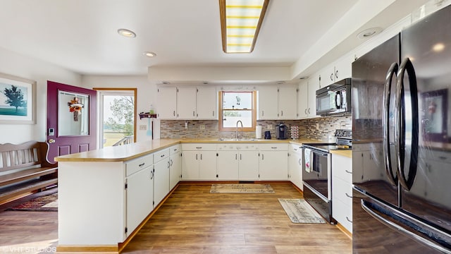 16486 Three Oaks Rd, Three Oaks, MI 49128 - kitchen with black appliances, a peninsula, a sink, light wood-type flooring, and recessed lighting