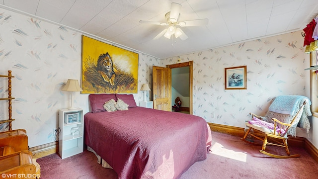 16486 Three Oaks Rd, Three Oaks, MI 49128 - carpeted bedroom featuring wallpapered walls, baseboards, a ceiling fan, and crown molding