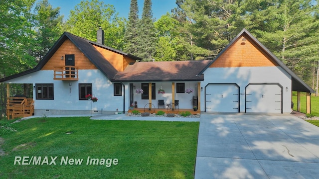 2258 High Rd, Roscommon, MI 48653 - rustic home featuring covered porch, concrete driveway, an attached garage, a chimney, and a front lawn