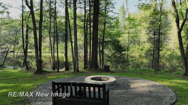 2258 High Rd, Roscommon, MI 48653 - view of yard featuring an outdoor fire pit and a forest view