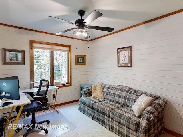 2258 High Rd, Roscommon, MI 48653 - office area with a ceiling fan, carpet, and wooden walls