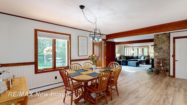 2258 High Rd, Roscommon, MI 48653 - dining area with baseboard heating, wainscoting, plenty of natural light, light wood-style floors, and a chandelier