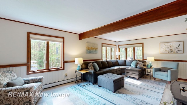 2258 High Rd, Roscommon, MI 48653 - living room with a baseboard heating unit, a wainscoted wall, healthy amount of natural light, wood finished floors, and beamed ceiling