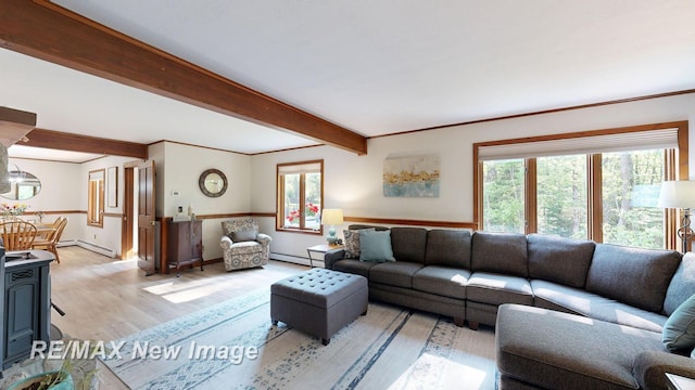 2258 High Rd, Roscommon, MI 48653 - living room with light wood-type flooring, a baseboard heating unit, and beam ceiling