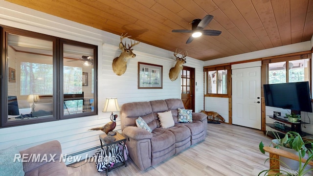 2258 High Rd, Roscommon, MI 48653 - living area with ceiling fan, wood ceiling, and light wood-style flooring