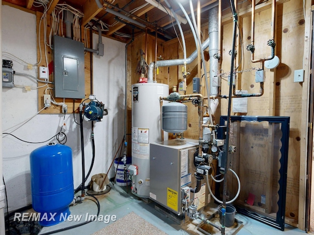 2258 High Rd, Roscommon, MI 48653 - utility room featuring electric panel, gas water heater, and a heating unit