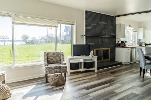 37252 Jefferson Ave, Harrison Township, MI 48045 - living area featuring healthy amount of natural light, wood finished floors, a fireplace, and baseboards