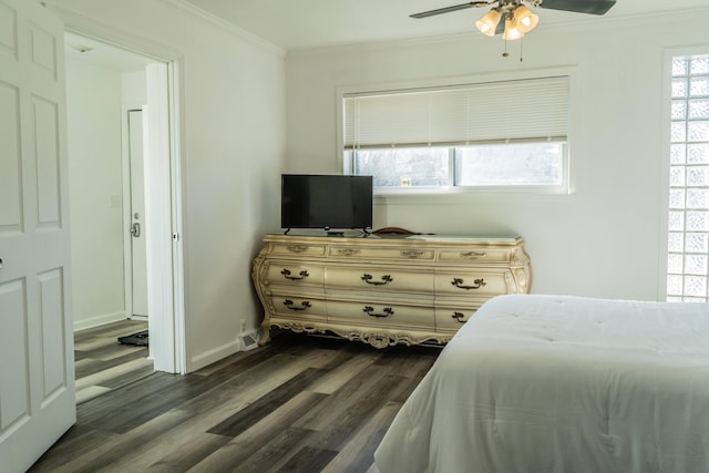 37252 Jefferson Ave, Harrison Township, MI 48045 - bedroom with ornamental molding, dark wood-type flooring, baseboards, and a ceiling fan