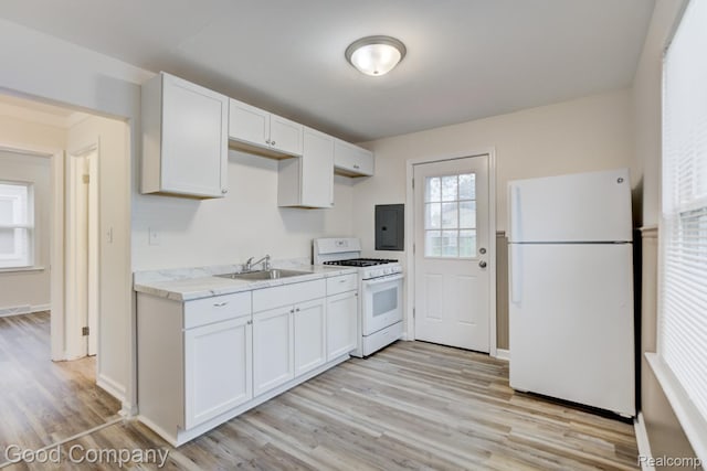 22811 Sharrow Ave, Utica, MI 48089 - kitchen featuring white appliances, electric panel, light wood-type flooring, white cabinets, and light stone countertops