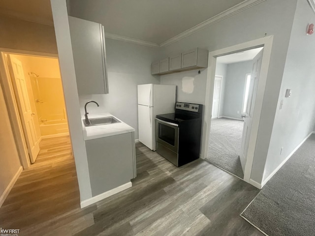 11009 N Saginaw St, Mount Morris, MI 48458 - kitchen with stainless steel range with electric cooktop, a sink, ornamental molding, freestanding refrigerator, and gray cabinetry