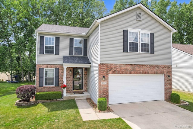 1029 Primrose Ln, Milan, MI 48160 - traditional-style home featuring brick siding, concrete driveway, a garage, a front yard, and roof with shingles
