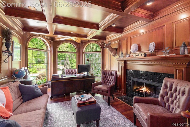 13123 Log Cabin Pt, Fenton, MI 48430 - office with wood finished floors, a premium fireplace, crown molding, beamed ceiling, and coffered ceiling