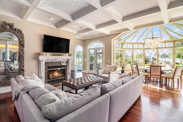 13123 Log Cabin Pt, Fenton, MI 48430 - living room featuring coffered ceiling, dark wood-type flooring, a premium fireplace, beam ceiling, and ornamental molding