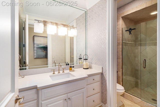 13123 Log Cabin Pt, Fenton, MI 48430 - bathroom featuring vanity, a stall shower, and crown molding