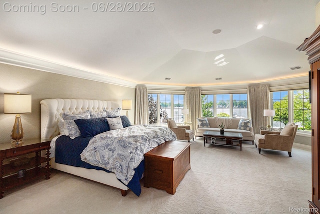 13123 Log Cabin Pt, Fenton, MI 48430 - bedroom with ornamental molding, light colored carpet, access to outside, and a tray ceiling