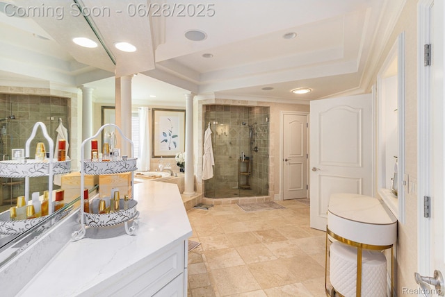 13123 Log Cabin Pt, Fenton, MI 48430 - bathroom featuring decorative columns, a stall shower, vanity, and recessed lighting
