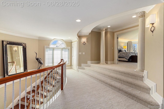 13123 Log Cabin Pt, Fenton, MI 48430 - hallway with light carpet, ornamental molding, ornate columns, healthy amount of natural light, and recessed lighting