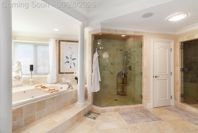 13123 Log Cabin Pt, Fenton, MI 48430 - full bathroom featuring a whirlpool tub, a stall shower, decorative columns, ornamental molding, and recessed lighting