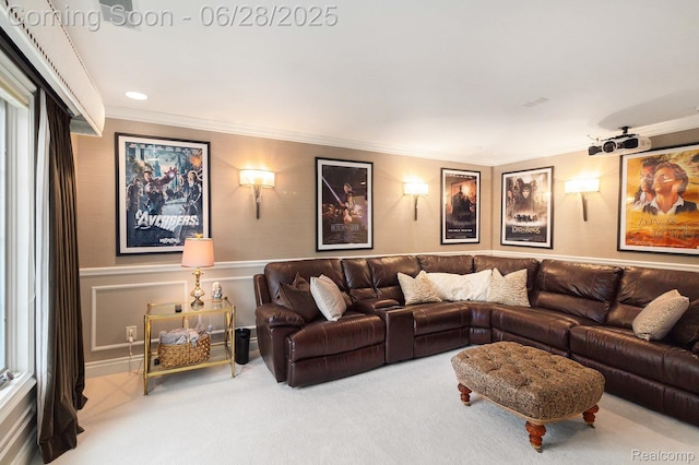 13123 Log Cabin Pt, Fenton, MI 48430 - living room featuring crown molding, carpet flooring, a wainscoted wall, and recessed lighting