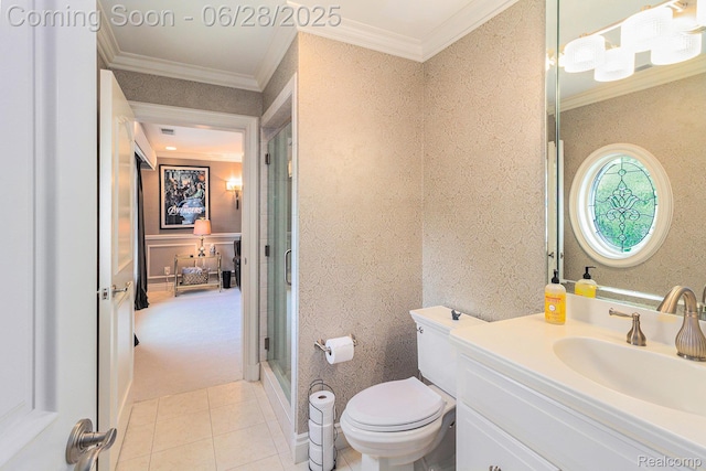 13123 Log Cabin Pt, Fenton, MI 48430 - full bath featuring vanity, crown molding, tile patterned flooring, and a shower with door
