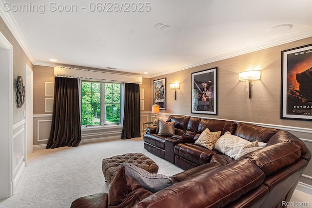 13123 Log Cabin Pt, Fenton, MI 48430 - living area featuring ornamental molding, a decorative wall, carpet floors, wainscoting, and recessed lighting