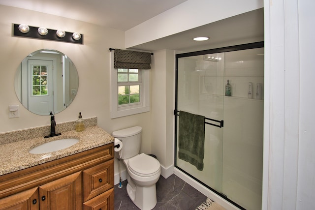 8974 M-140, Berrien Center, MI 49102 - bathroom featuring vanity, a shower stall, and marble look tile flooring