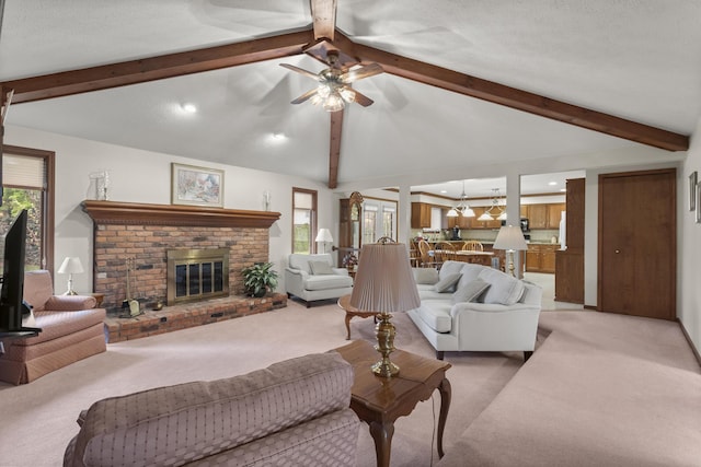 47545 Andrea Ct, Michigan, MI 48315 - living area featuring light colored carpet, ceiling fan, a brick fireplace, and recessed lighting