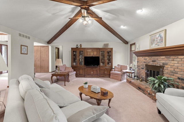 47545 Andrea Ct, Michigan, MI 48315 - living room featuring light carpet, a fireplace, and a ceiling fan